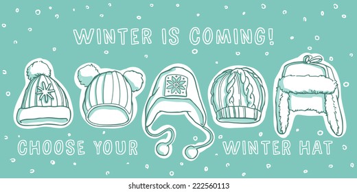 Winter hat models collection set vector illustration sketch style