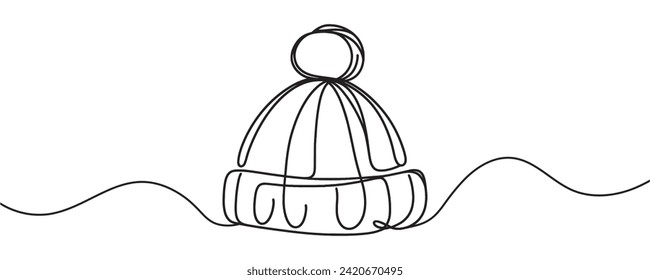 winter hat, one line drawing. Vector illustration.