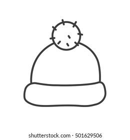 Winter hat with pom pom linear icon. Thin line illustration. Ski cap contour symbol. Vector isolated outline drawing