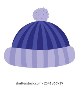 Winter hat with pompom isolated element in cartoon style. Warm clothes for cold weather icon. Vector illustration