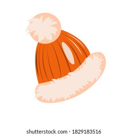 Winter hat with a pompom and lapel beige on a white background
