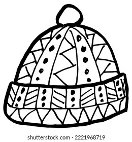 Wintermütze mit Pampe und traditionellem Muster. Einfach handgezeichnet. Schwarz-Weiß-Umriss-Vektorgrafik für Kinder-Farbseiten