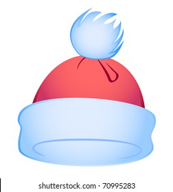 Winter hat of red and dark blue colors with a white woolen ball