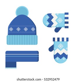 Winter Hat, Scarf And Mittens Flat Design Illustration. Warm Wear Vector Set.