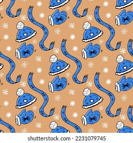 Winter hat, scarf and mittens seamless pattern doodle. Blue and beige colors. Vector illustration. Stylish design for packaging, paper, covers, textiles, craft etc.
