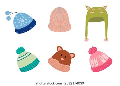 Winter hat set. Collection of knitted clothes, cap, wear for cold weather. Vector isolated on white background