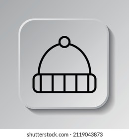 Winter hat simple icon. Flat desing. Black icon on square button with shadow. Grey background.ai