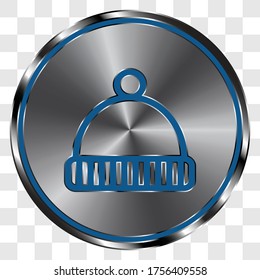 Winter hat simple icon on metal round button. Transparent grid