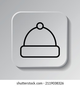 Winter hat simple icon vector. Flat desing. Black icon on square button with shadow. Grey background.ai