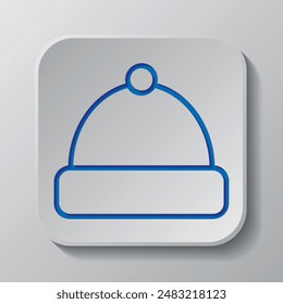 Winter hat simple icon vector. Flat design. Paper cut design. Cutted blue symbol with shadow. Gray badge button, gray background.ai