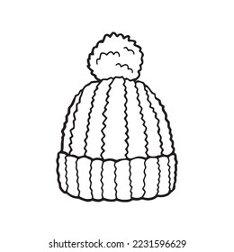 Winter hat simple outline drawing decoration. Accessories for cold weather hand drawn cartoonish illustration graphic. Fashion head item for protection in winter time. Warm fur fabric cap pen drawing.