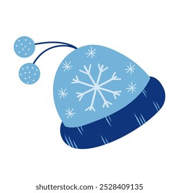 Sombrero de invierno con copos de nieve. Ropa de punto, gorra, ropa para el Clima frío. Vector aislado sobre fondo blanco