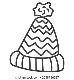 Winter hat with a striped pattern. Winter style. Vector illustration, doodle. The black outline is a continuous line.