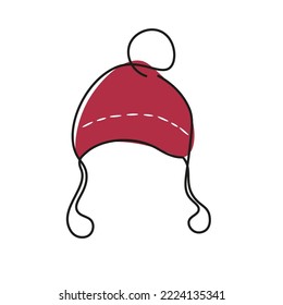 
winter hat with ties drawn in one line. Symbol of Christmas and New Year. Vector illustration isolated on white background
