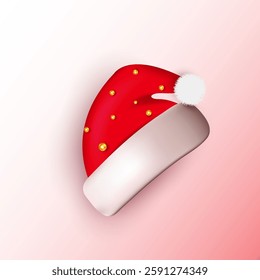 Winter hat vector illustration template in an isolated white background. Christmas celebration hat design template art. Red color Santa Claus hat vector with golden color pearl. 