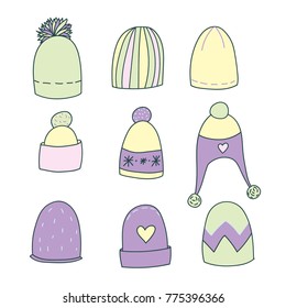 Winter hat vector set in pale colors. Girl style. Knitting icons.