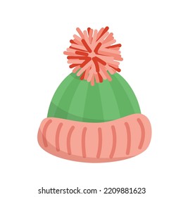 Winter Hat. Warm Cap With Pompon For Girl. Pink, Green. Flat, Cartoon. Isolated Vector Illustration Eps 10