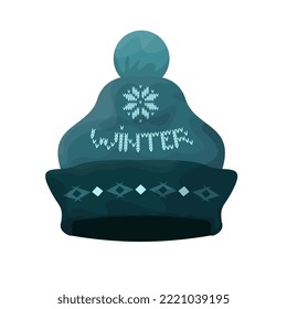 Winter hat. Warm wooly green hat with pompom. Fashion. Logo, icon. Flat vector illustration.