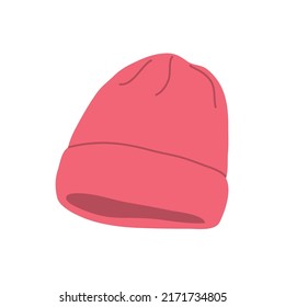 Winter hat for a woman. Unisex style. Seasonal warm hat. Beauty and fashion. Modern stylish clothes and wardrobe. Flat vector illustration isolated on white background