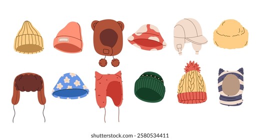 Winter hat. Wool cap. Fur clothes. Fashion for autumn. Fluffy headwear for freeze season weather. Knitted garment. Headdress for head protection. Warm accessory. Woolen accessory Vector clothing set