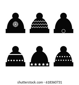 Winter hats black silhouette on white background collection. Flat vector illustration design. 