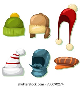 Winter hats and caps set for men and women. Vector cartoon icons isolated on white background. Clothes for cold weather.