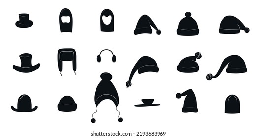 Winter hats and caps silhouette set for photo prop box. Vector stock illustration isolated on white background for photo booth holiday industry. EPS10