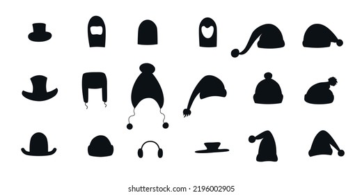 Silueta de sombreros y gorras de invierno para la caja de apoyo fotográfico. Ilustración de material vectorial aislada en fondo blanco para la industria de la cabina fotográfica. EPS10