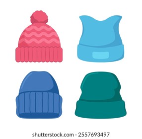 Winter hats collection. Knitting headwear for cold weather. Vector