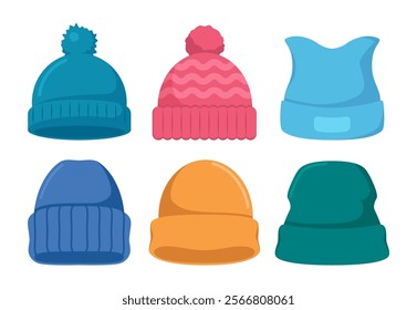 Winter hats collection. Knitting headwear for cold weather. Vector