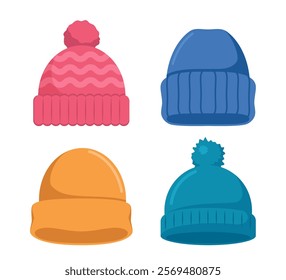 Winter hats collection. Knitting headwear for cold weather. Vector