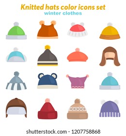 Winter hats color vector icons set. Flat design