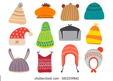 Juego de garabatos de invierno. Colección de coloridos tejidos de algodón de lana que tejen la cabeza de invierno para niños. Accesorios de prendas de vestir de punto de otoño para la impresión de imágenes meteorológicas frías de temporada.