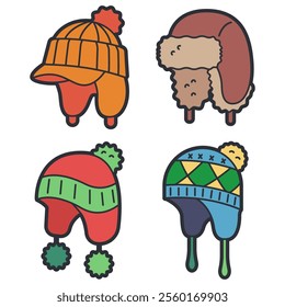 Winter hats with ear flaps vector cartoon set isolated on a white background.