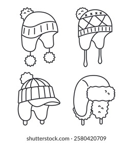 Winter hats with ear flaps vector icons set isolated on a white background.