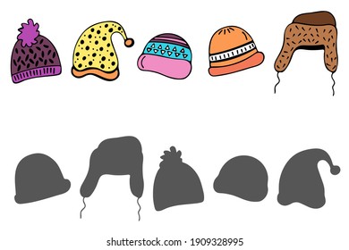 Winter hats. Find the correct shadow. Educational tasks for children isolated on white background. Vector illustration