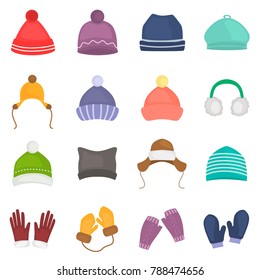 Winter hats and gloves color icons set for web and mobile design