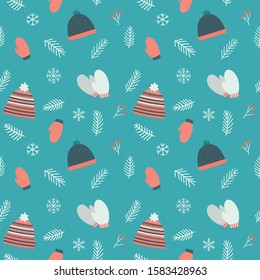 Winter hats and gloves. Seamless pattern with hats, gloves, snowflakes and fir branches on blue background. Vector illustration with winter mood.