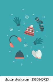 Winter hats, gloves and socks. Clothes for cold snowy weather. Vector illustration with winter mood.