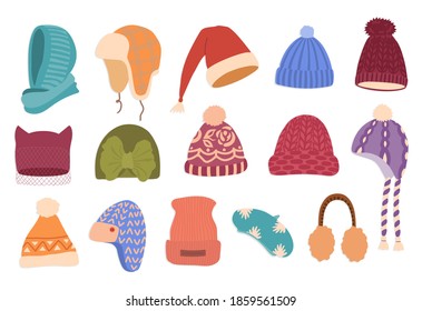 Juego de ilustraciones vectoriales de color dibujado a mano con sombreros de invierno. Ropa de cabeza de otoño, sombreros al estilo de las caricaturas aislados sobre fondo blanco. Conjunto de accesorios de lana de cabeza para niños iconos planos