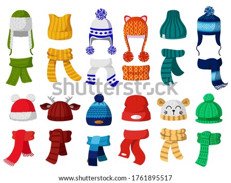 Winter hats. Kids knitting autumn headwear, hats and scarf, cold weather children accessories isolated vector illustration icons set. Child knitted scarf, accessory headwear, autumn childish garment Сток-фото © 