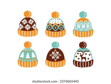 Sombreros de invierno con pompa. Conjunto de pegatinas acogedoras. Vector.