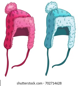 Winter hats with pompoms, vector