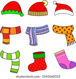 Winter hats, scarf and socks. Cold weather accessories vector illustration set.