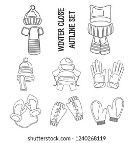 Winter hats, scarfs and gloves outline design icons set