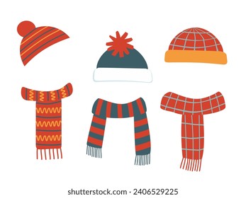 Winter hats and scarfs. Kids knitting autumn headwear, cold weather children accessories isolated vector illustration icons set. Child knitted scarf, accessory headwear, childish garment.