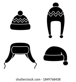 Winter hats set black icons isolated on white background. Knitting headwear and caps for cold weather. Outdoor clothing. Vector illustration