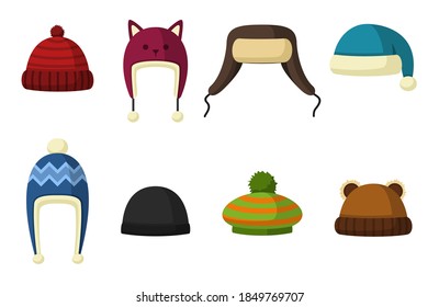 Winter hats set isolated on white background. Knitting headwear and caps for cold weather. Outdoor clothing. Vector illustration