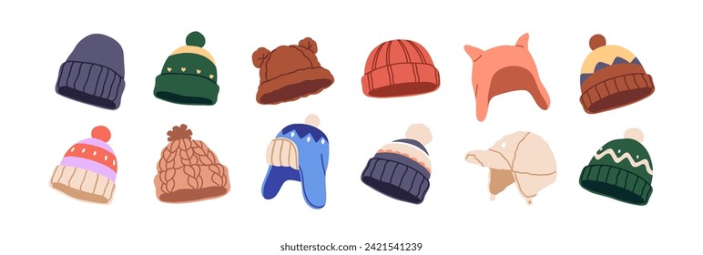 Winter hats set. Modern wool caps. Fashion head accessories, warm wearing for cold weather. Knitted beanies, woolen knitwear in trendy style. Flat vector illustrations isolated on white background