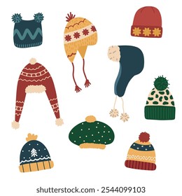 Chapéus de inverno postos. Modernas tampas de lã. Acessórios de cabeça de moda, quente vestindo para o tempo frio. Beanies de malha, malha de lã em estilo moderno. Ilustrações de vetor planas isoladas no plano de fundo branco